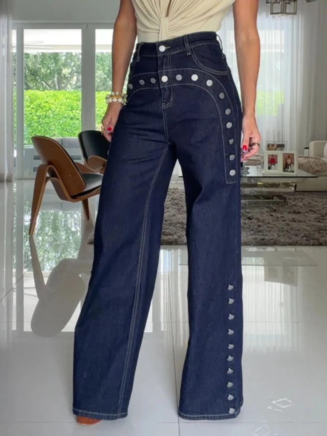 Decorative Button High-Waisted Wide-Leg Jeans