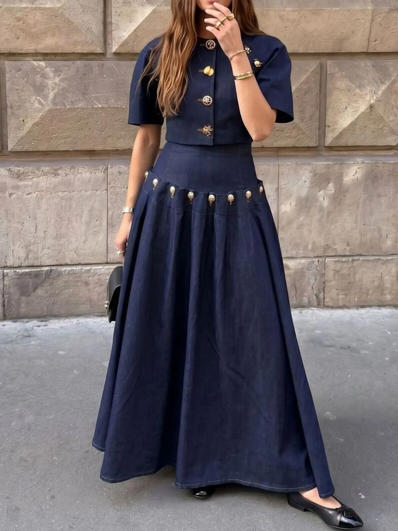 Gold Button Top and Skirt Denim Set
