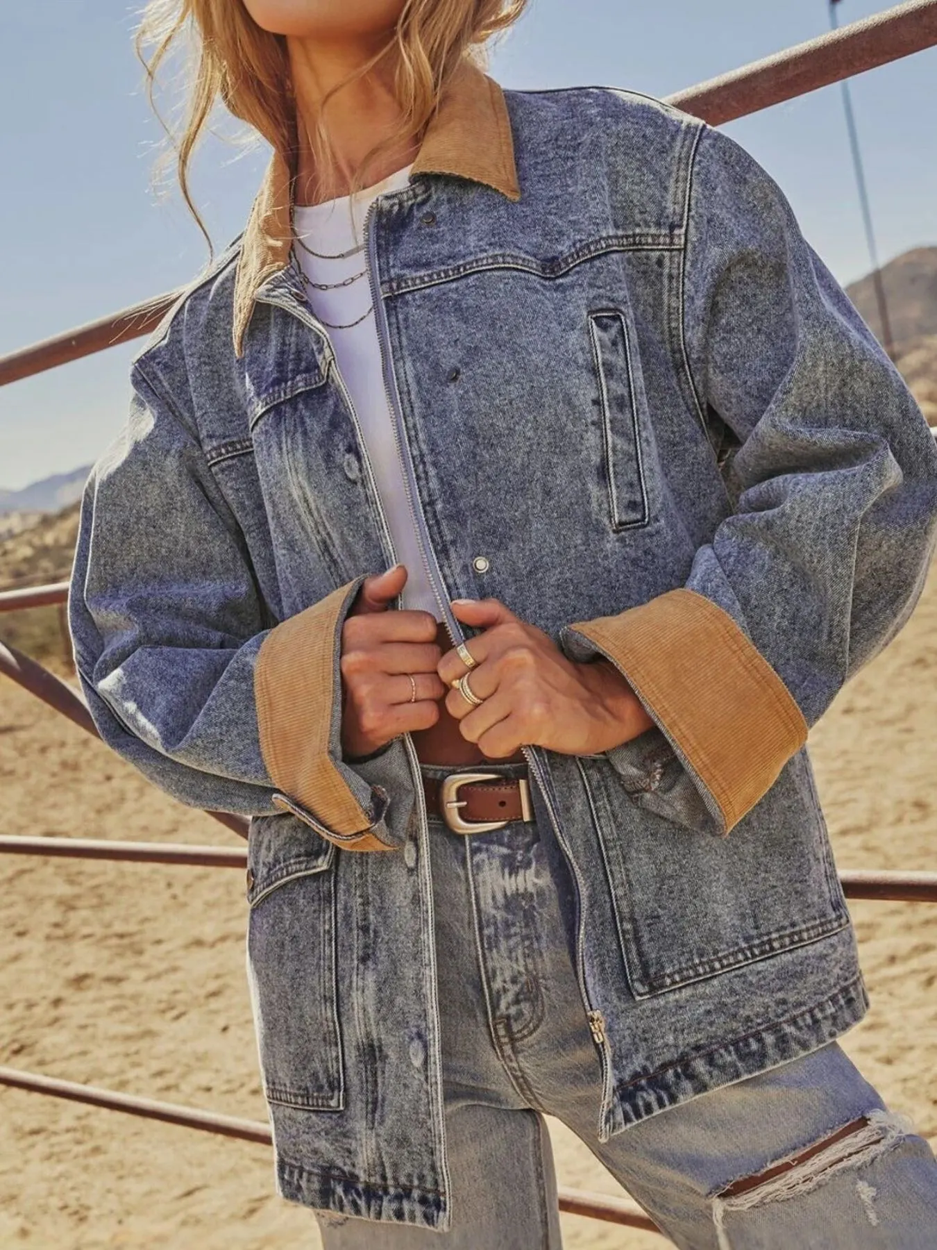 Zip Up Contrast Corduroy Collar Denim Jacket