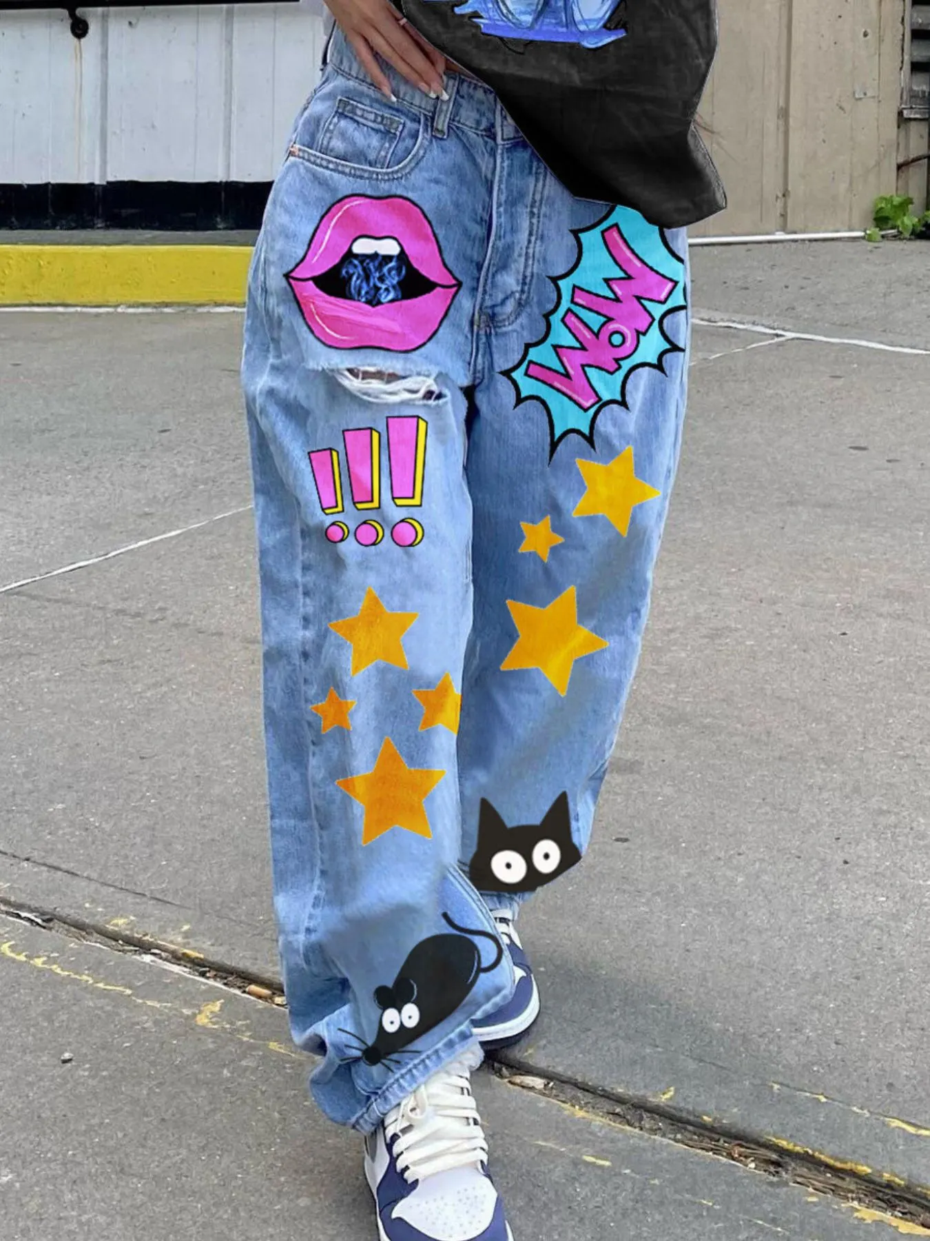 Full Size Pop Art Print Loose Fit Jeans Plus Size