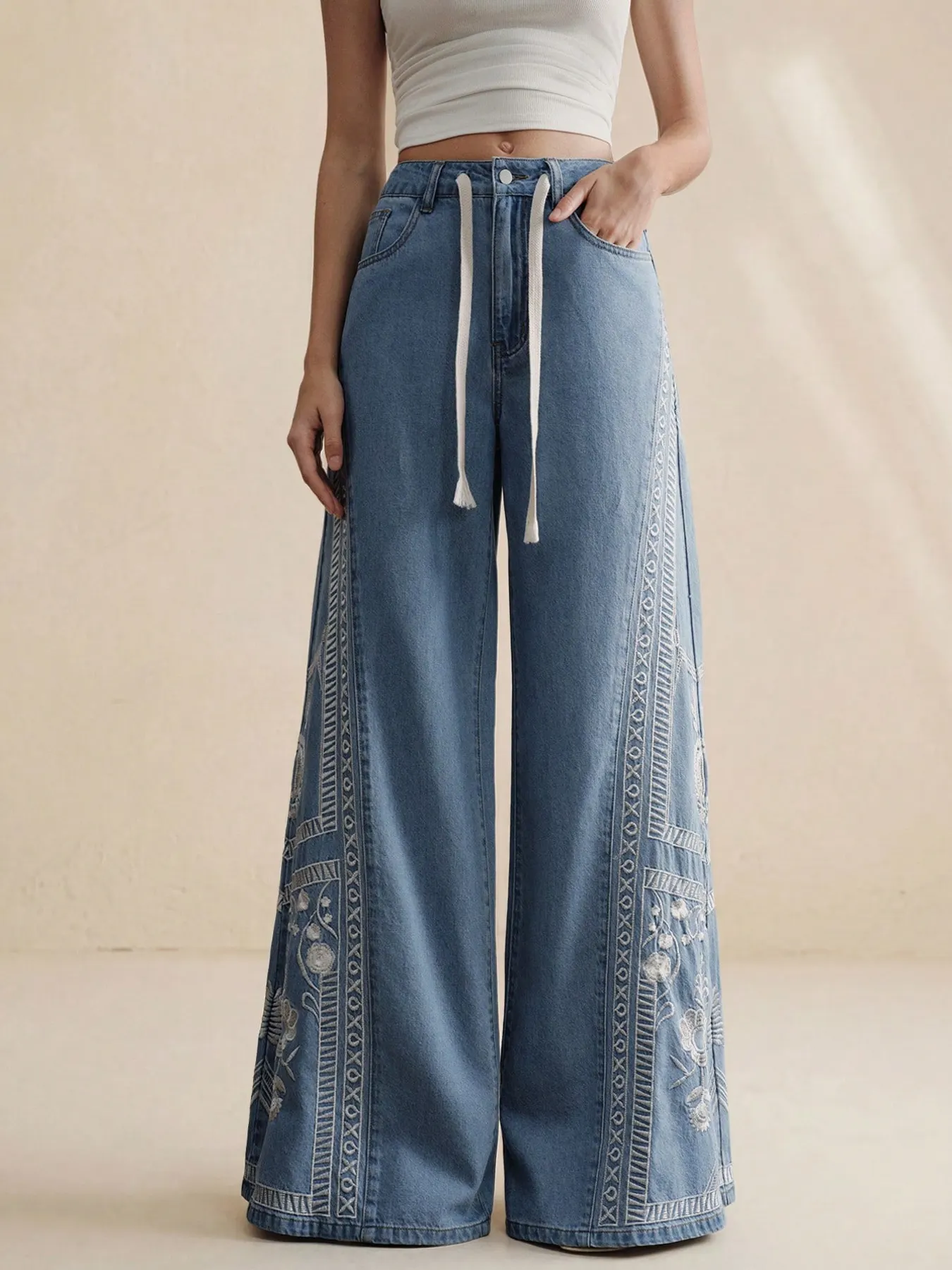 Embroidered Wide-Leg Drawstring Jeans