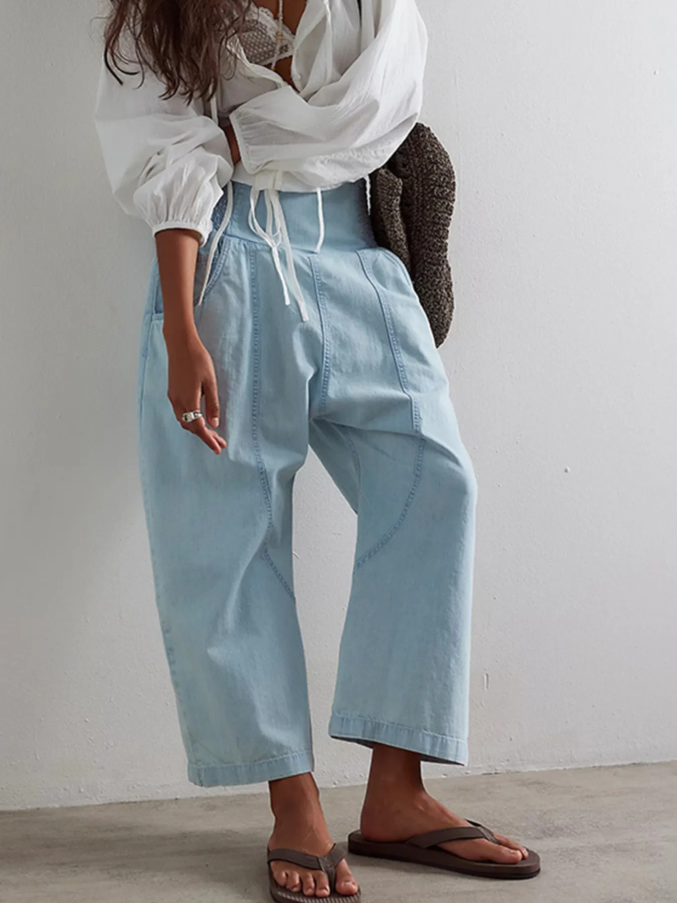 Smocked High-Waisted Wide Leg Jeans